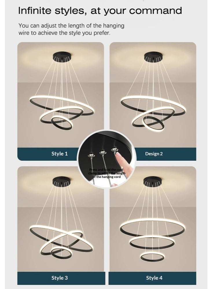 An LED chandelier composed of three light rings, stylish and simple. It has three light colors, adjustable in shape, and can be controlled by remote control or switch. It is suitable for above the dining table, living room, bedroom and study. - Image 4